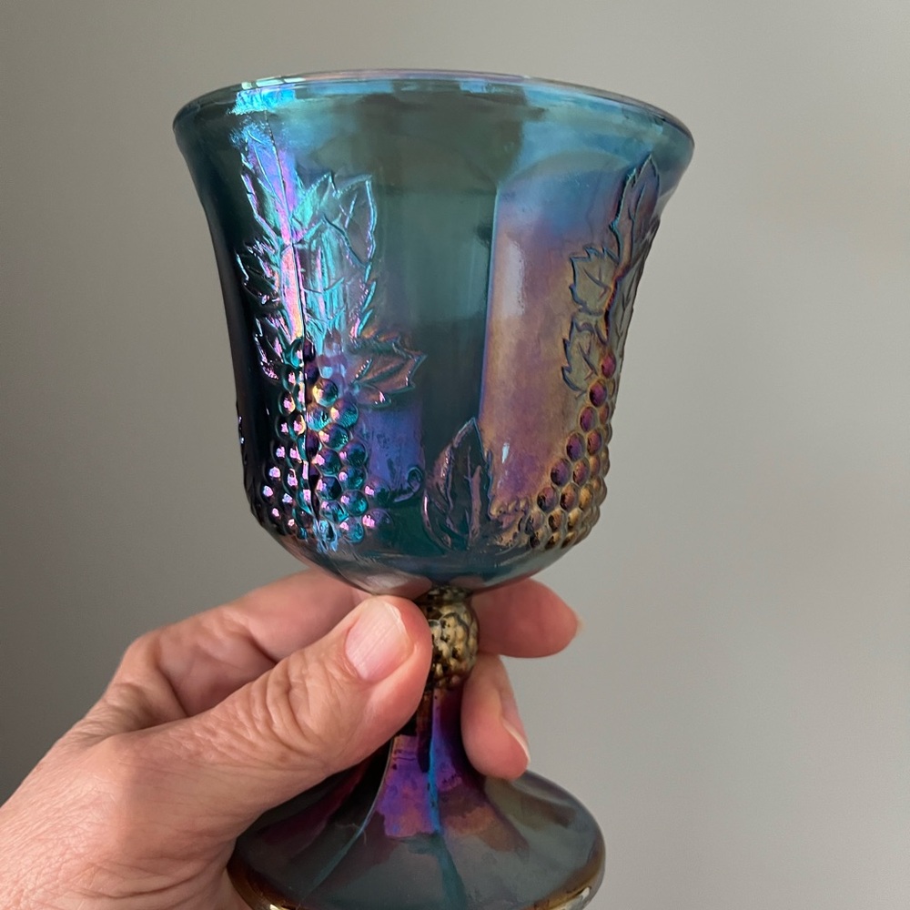 Indiana Glass Blue and Purple Iridescent Goblet with Grape Motif